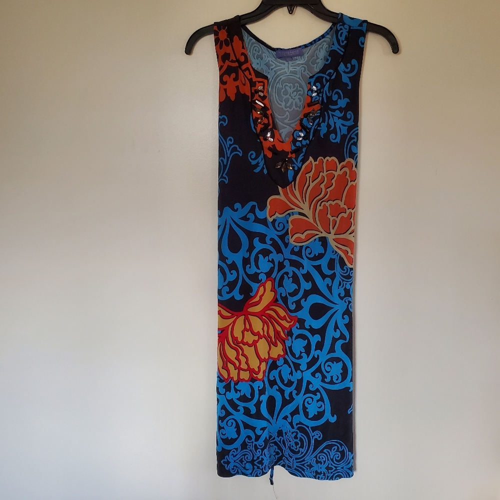 Vivienne Tam Floral Abstract Gemstone V Neck Mini Vacation Dress Size Medium